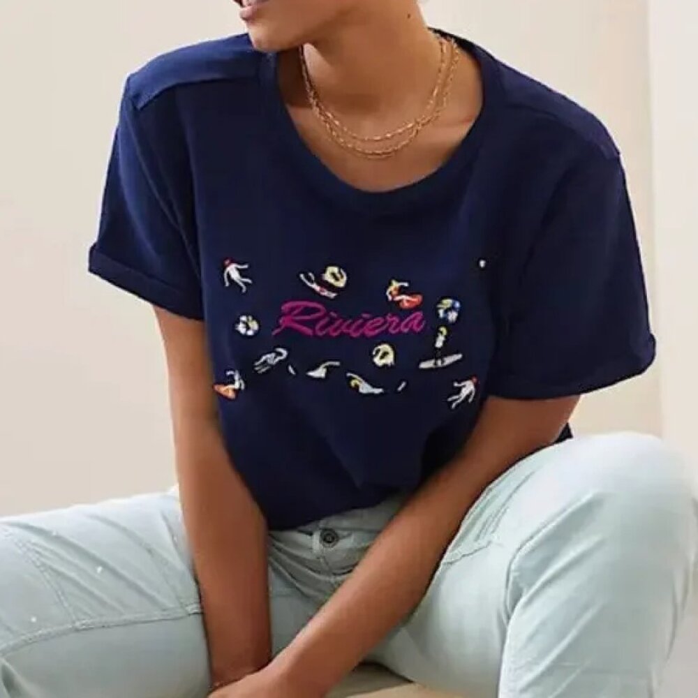 Maeve Anthropologie Riviera Dark Blue Short Sleeve Top Swimmers small